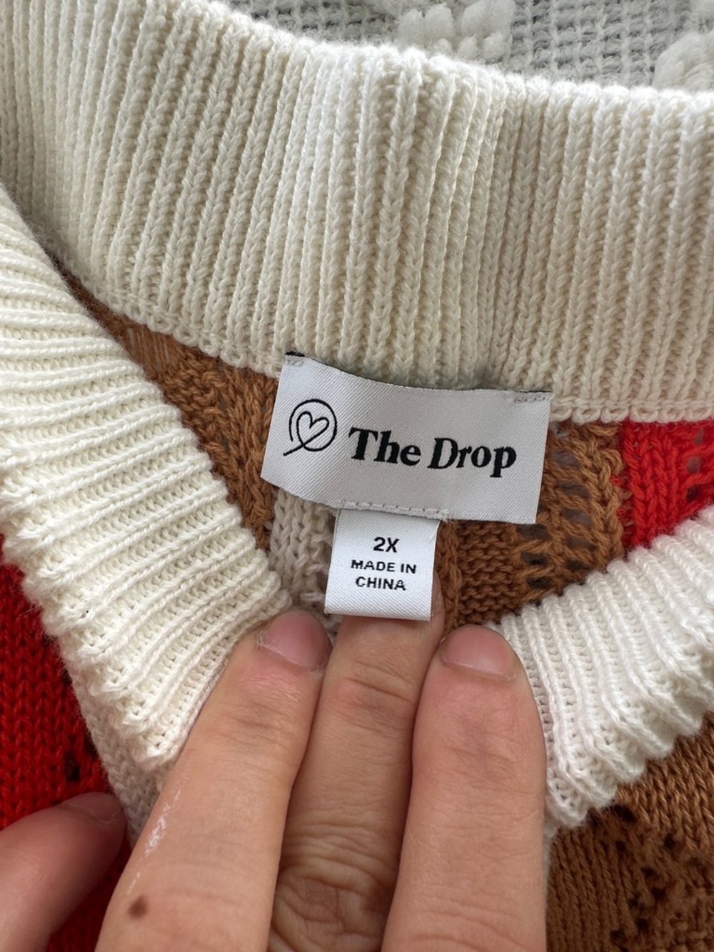 Open-Knit Patchwork Cardigan Sweater - Cream Red Tan - Picture 4 of 9